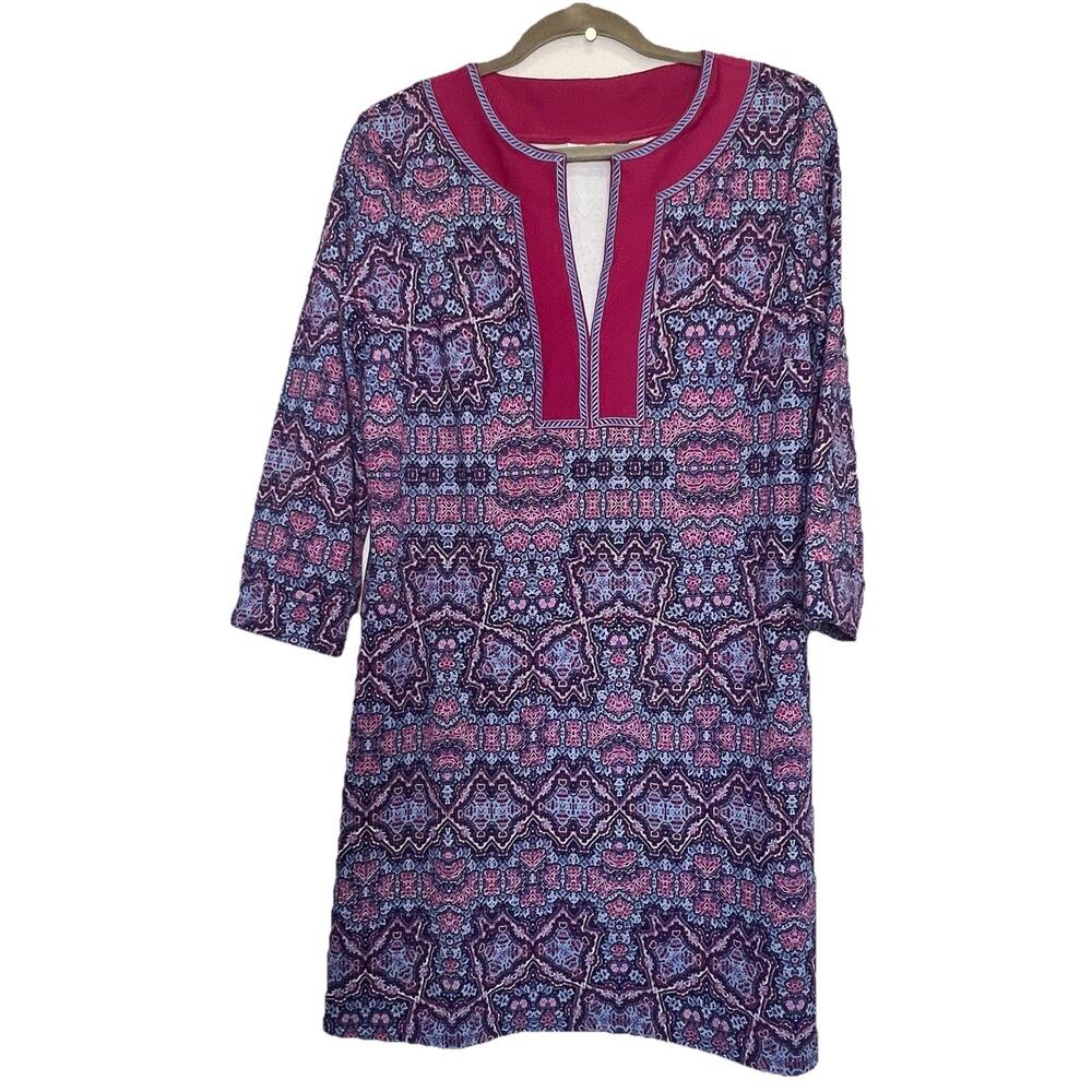 Cabana Life Dress Size L Purple Pink Geometric V-Neck 3/4 Sleeve UPF Resortwear